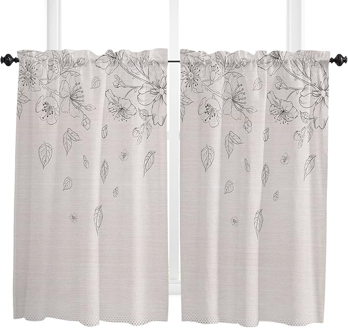 Kitchen Tier Curtains 54 inches Long, Flowers Leaves and Polka Dot Texture on Cotton Linen Window Curtains for Living Room Bath,Rod Pocket Light Filter Drapes Half Window Treatment Tiers 2 Panels