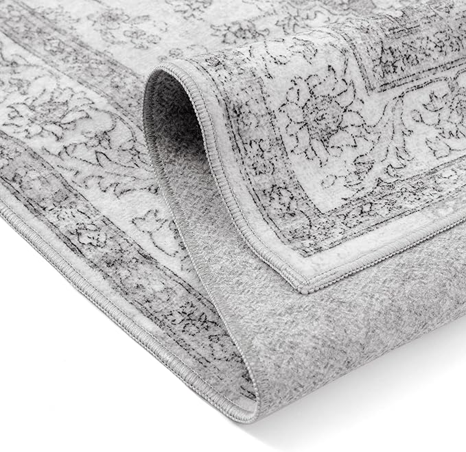 PureCozy Gray Area Rug 5x8 Washable Living Room Carpet Vintage Non Slip Soft Bedroom Indoor Office Retro Grey Low Pile Thin Oriental Medallion Large Rug for Dining Room Bathroom Kitchen
