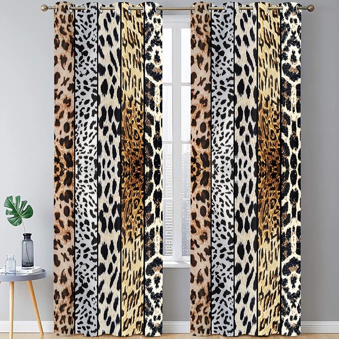 Wild Animal Print Curtain, Room Darkening Thermal Insulated Blackout Leopard Boa Window Drapes with Grommets for Living, Dining, Bedroom, 52"x 96", Set of 2 Panels