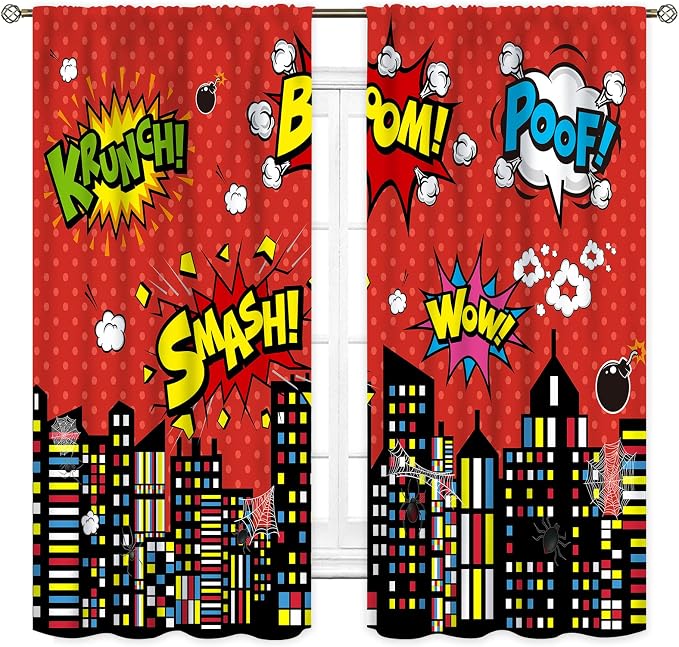 Superhero City Curtains for Boys Kids Teens, Red Spider Web Cityscape Buildings Cartoon Comic Blackout Window Curtains for Baby Room Bedroom Living Nursery 2 Panel Sets, 55"x63" Inch