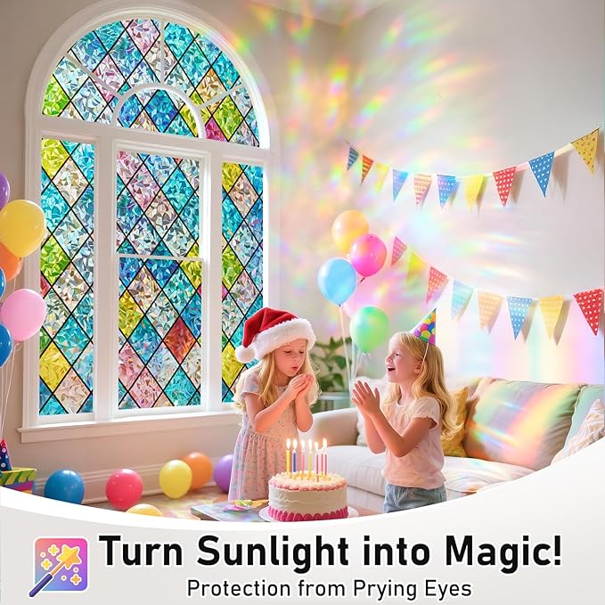 Sunbaby Window Privacy Film Stained Glass Decorative Rainbow Window Cling Decals 3D Static Clings Colorful for Home Decoration, Anti-UV & Heat Control Non-Adhesive (23.6"x78.7")