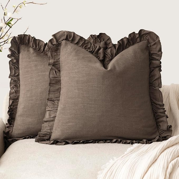 Foindtower Set of 2 Decorative Soild Fringe Ruffle Throw Pillow Covers Soft Boho Farmhouse Cushion Cover Cozy Accent Retro Pillowcase for Couch Sofa Bed Living Room Home Decor,20×20 Inch,Dark Brown