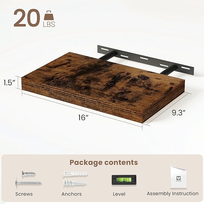 Vivelove Floating Shelves for Wall Mounted, 16 Inch Bathroom Shelves, Display Shelf for Living Room Kitchen Bedroom Office Farmhouse Home Decor, 16" X 9.3" X 1.5" - Set of 2, Rustic Brown