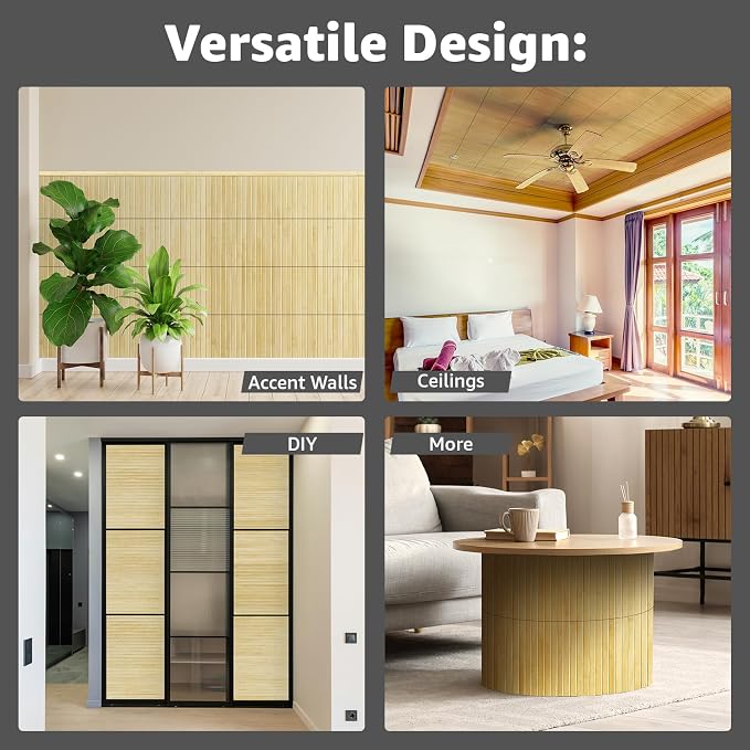 Art3d Natural Bamboo Wall Panel for Interior Wall Decor, Renewable Pole Wrap Wainscoting Paneling for Wall Ceiling Furniture Cabinet Office, 12 x 96 Inch - Raw, 1-Pack