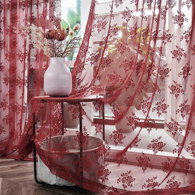 Kotile Maroon Sheer Curtains 72 Inch Length 2 Panels Cottagecore Floral Lace Curtains for Door Window, Rod Pocket Privacy Light Filtering Sheer Window Curtains for Bedroom, 52 x 72 Inch