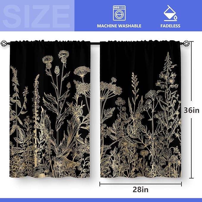 Aimego Flower Leaves Kitchen Curtains - Golden Floral Spring Rustic Plant Botanical Cafe Farmhouse Small Short Curtains for Bathroom RV Rod Pocket Window Drapes 36 Inch Length 2 Panels Set