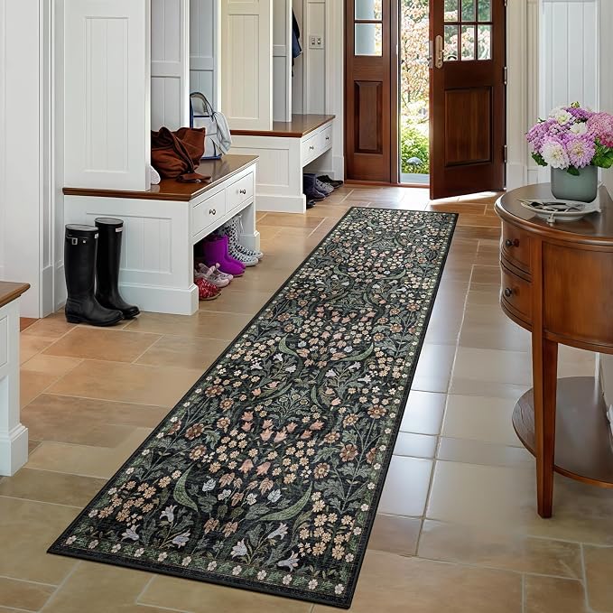 2.6x8 Machine Washable Runner Rug, Kitchen Hallway Area Rug Black Vintage Boho Floral Ultra Non-Slip Low Pile Soft Faux Wool Carpet Kids and Pets Friendly for Bedroom Entryway Nursery Decor Rug