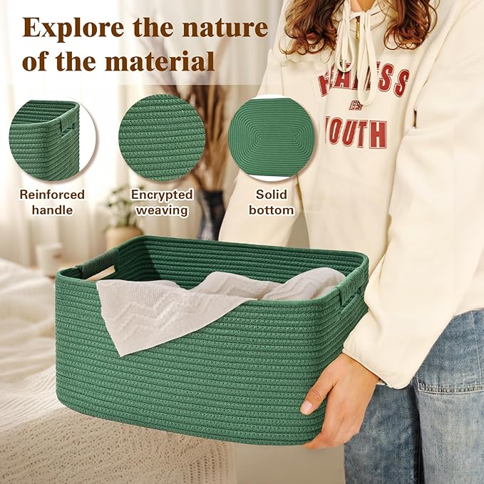 2 Pack Large Storage Basket for Organizing, 17.5"x13"x7" Woven Basket for Shelves, Closet Cube Storage Bins with Wrapped Handle, Cotton Rope Baskets for Kitchen, Clothes, Toys(Green)