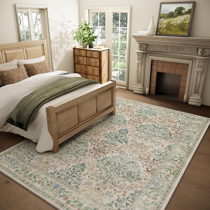 9x12 Area Rugs for Living Room: Washable Bedroom Rug Vintage Area Rug Stain Resistant Non Slip Low Pile Lightweight Soft Carpets for Dining Room Kitchen Nursery Kids Room Farmhouse Home Office