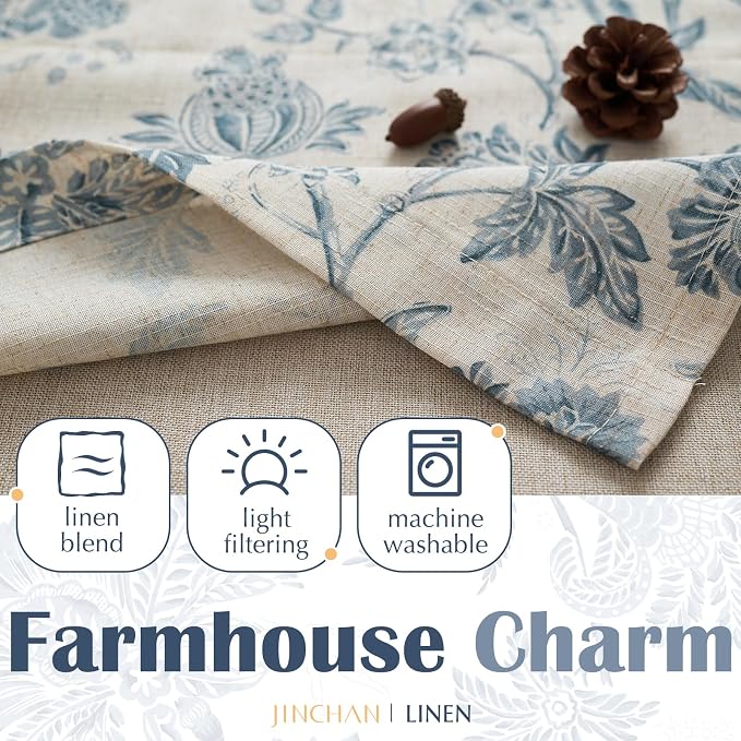 jinchan Floral Valance Curtain Linen Kitchen Valance for Windows 16 Inch Farmhouse Light Filtering Floral Short Window Treatment for Living Room 1 Panel Rod Pocket Double Layer Blue on Beige