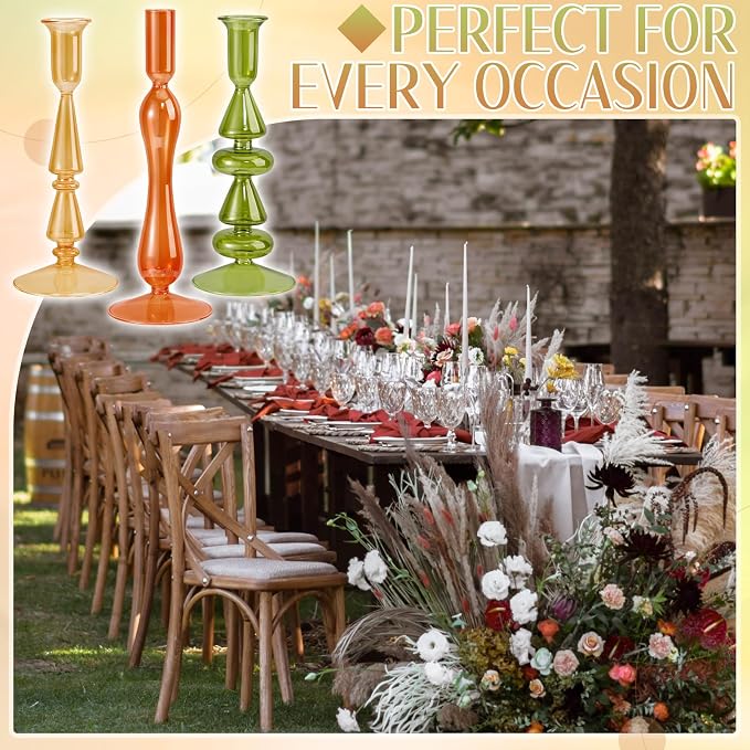 Mumufy 3 Pcs Vintage Christmas Glass Candlestick Holders Neutral Christmas Shaped Glass Taper Candle Holder Amber Olive Honey Gold Xmas Candle Stick Vase Decor for Holiday
