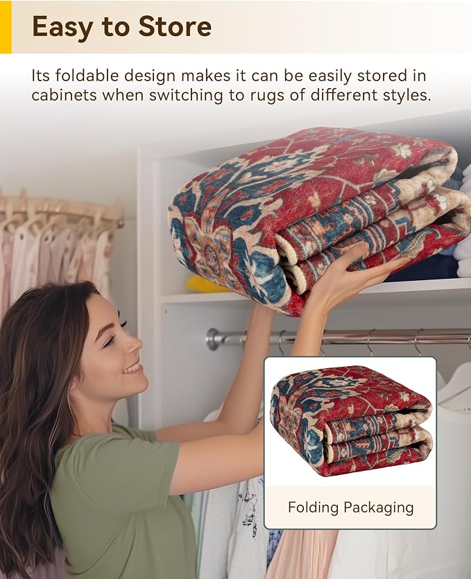 RELEANY Area Rugs Round 7ft Washable Non-Slip, Floral Vintage Distress Medallion Carpet for Living Room Bedroom Dining Room, Red Blue