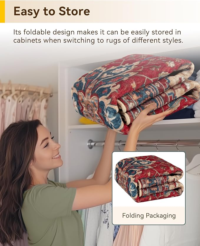 RELEANY Area Rugs Round 4ft Washable Non-Slip, Floral Vintage Distress Medallion Carpet for Living Room Bedroom Dining Room, Red Blue