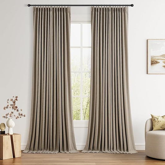 Khaki Pinch Pleated Linen 100% Blackout 120 Inch Curtains for Living Dining Room 2 Panels Extra Long Pleat Linen Drapes Farmhouse Thermal Insulated Bedroom Blackout Curtains 120 Inches Long 10 Ft