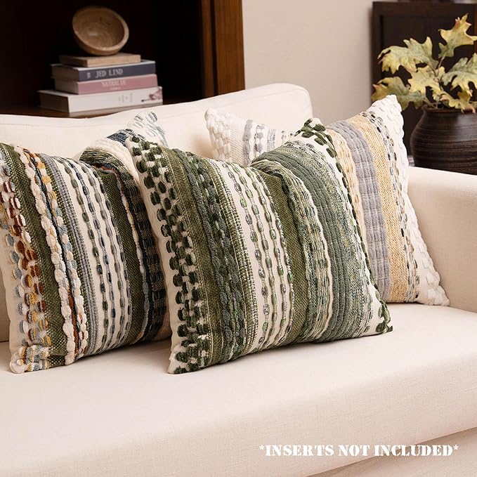 Boho Chenille Tufted Throw Pillow Covers 18x18 Inch Set of 2 Farmhouse Green Woven Striped Decorative Pillowcases for Couch Sofa Bed