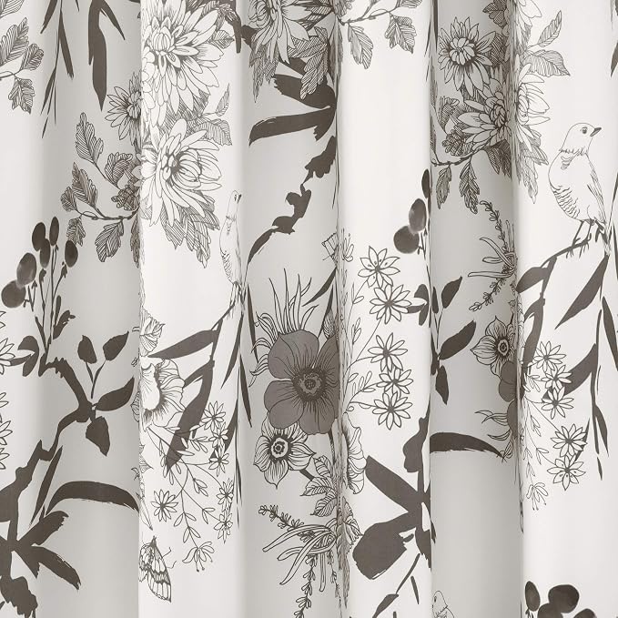 Lush Decor Botanical Garden Curtains Floral Bird Print Light Filtering Window Panel Drapes Set for Living, Dining, Bedroom (Pair), Gray & White, 52"W x 84L"