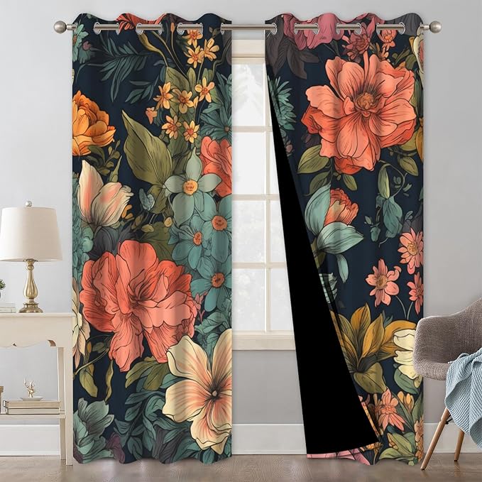 Boho Floral Blackout Curtains for Bedroom and Living Room, Grommet Thermal Insulated Black Out Window Drapes with Curtain Tiebacks, Soundproof Privacy Patterned Curtains 84 Inch Long 2 Panels Set