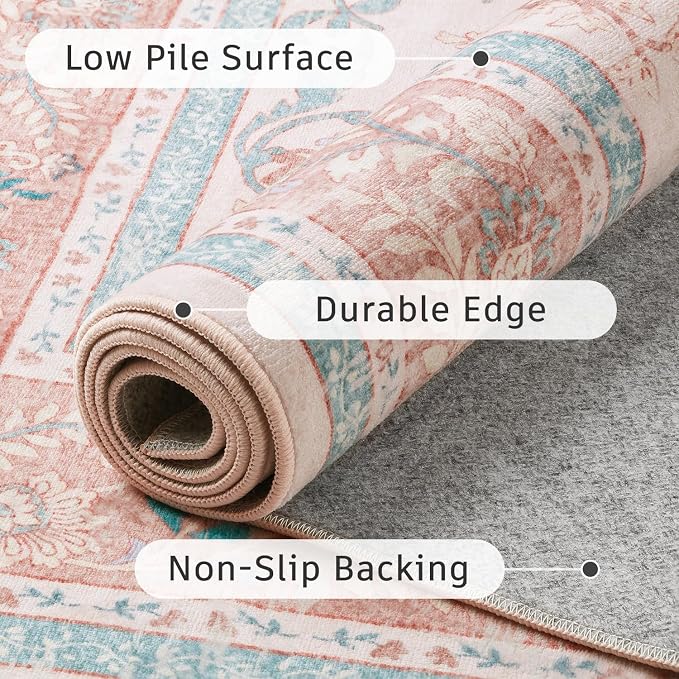 DCX 3x5 Pink Vintage Floral Rug, Machine Washable Non Slip Low Pile Carpet for Girl’s Bedroom, Nursery, Dorm, Kid & Pet Friendly Soft Stain Resistant Rug
