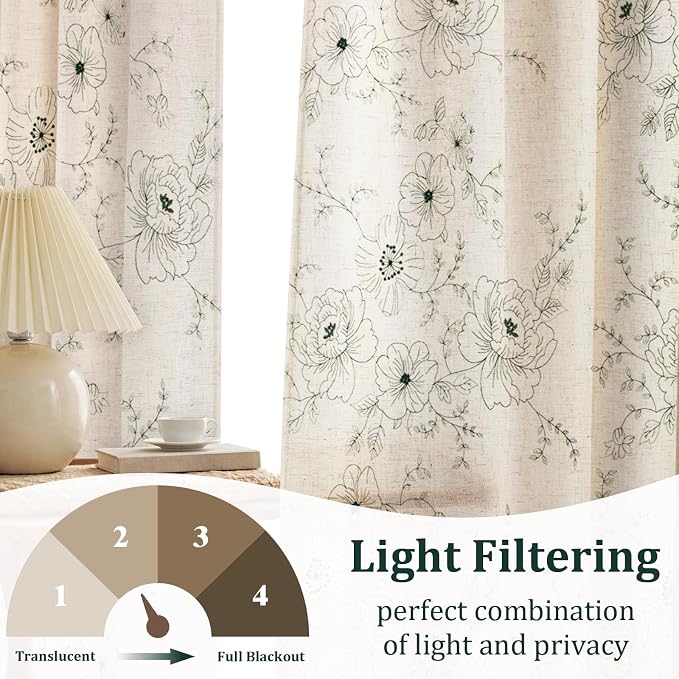 Boho Floral Curtains, Vintage Farmhouse Curtains 84 Inches Long, Green Cottage Core Flower 2 Panels