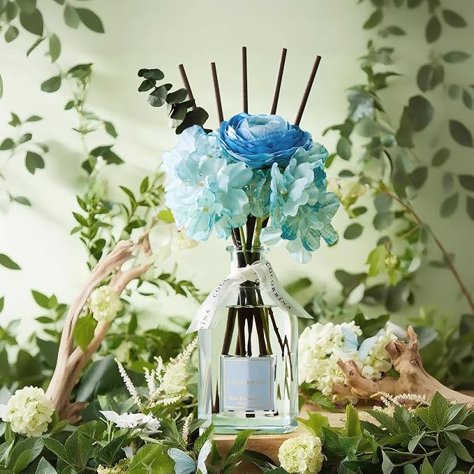 COCORRÍNA Reed Diffuser - Mint & Eucalyptus 8.5 Fl.oz Flower Reed Diffuser with Sticks, Bedroom Bathroom Shelf Decor (Floral Basket Collection)