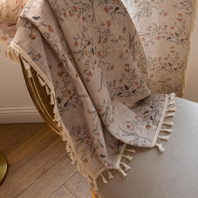 OYX Boho Floral Curtains 96 Inch, Farmhouse Wildflower Drapes with Tassels, Linen Textured Light Filtering Semi Sheer Curtains for Living Room Bedroom, 2 Panels, Rod Pocket, 52Wx96L