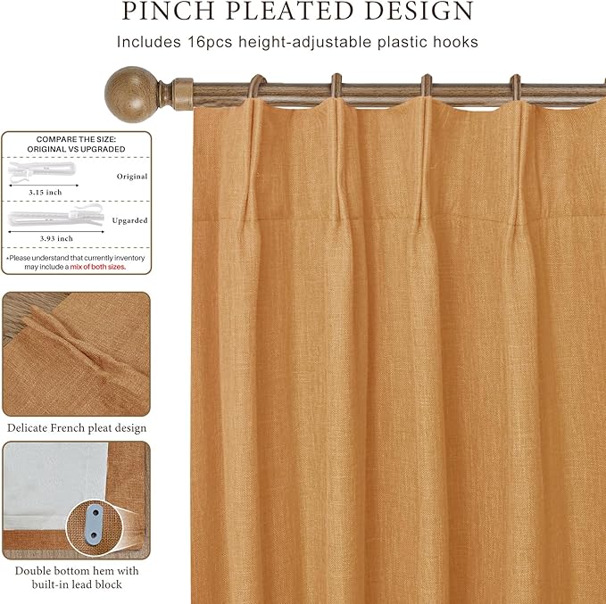 IVAPUPU Linen Pinch Pleated Full Blackout Curtains for Bedroom - 2 Pages Black Out Gold Curtains 84 Inch Long 2 Panel for Living Room Darkening Thermal Window Curtain Drapes with 16pc Hooks