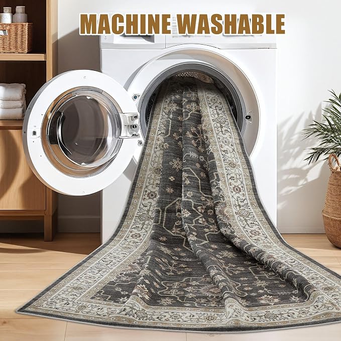 Area Rug for Living Room - 8x10 Soft Washable Oriental Vintage Floral Distressed Large Carpet - Fade Stain Resistant Non Slip Rugs for Bedroom Dining Room Nursery Dorm Office Home Decor - Black