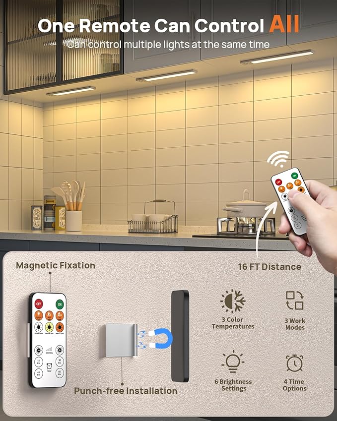 16inch Under Cabinet Lighting with Remote, LED Motion Sensor Light Indoor, 4000mAh Rechargeable Closet Lights, 3 Color Temps Wireless Under Counter Lights for Kitchen, Pantry, Stair, 2 Pack