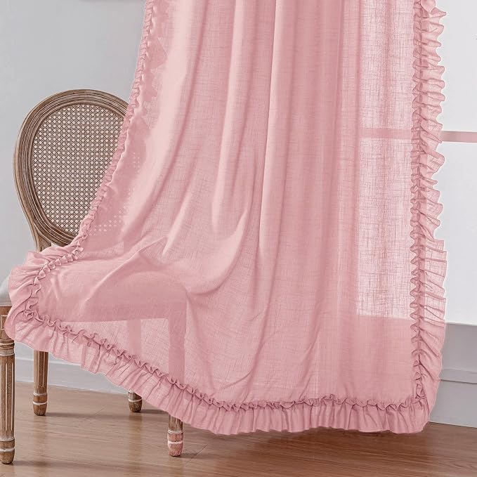 Blush Pink Ruffled Curtains for Girl Room, 2 Panels W58 x L72 Inch, Light Filtering Semi-Sheer Linen Curtains, Rod Pocket Shabby Chic Coquette Cottagecore Romantic French Country Privacy Window Drapes