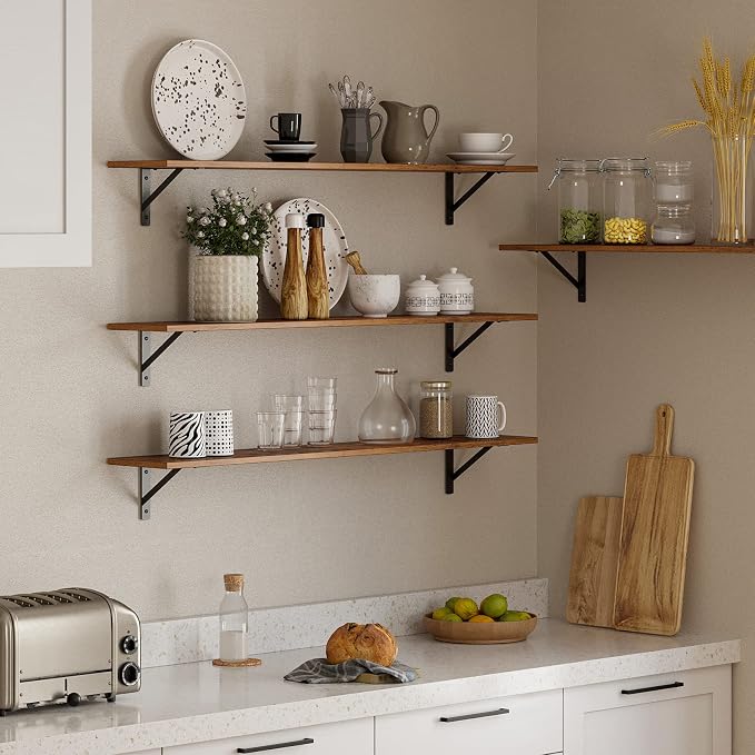 DINZI LVJ Long Wall Shelves, Set of 4, 47.3Inch Wall Mounted Shelves, Extra Large Storage Ledges with Sturdy Metal Brackets for Living Room, Bathroom, Bedroom, Kitchen, Rustic Brown