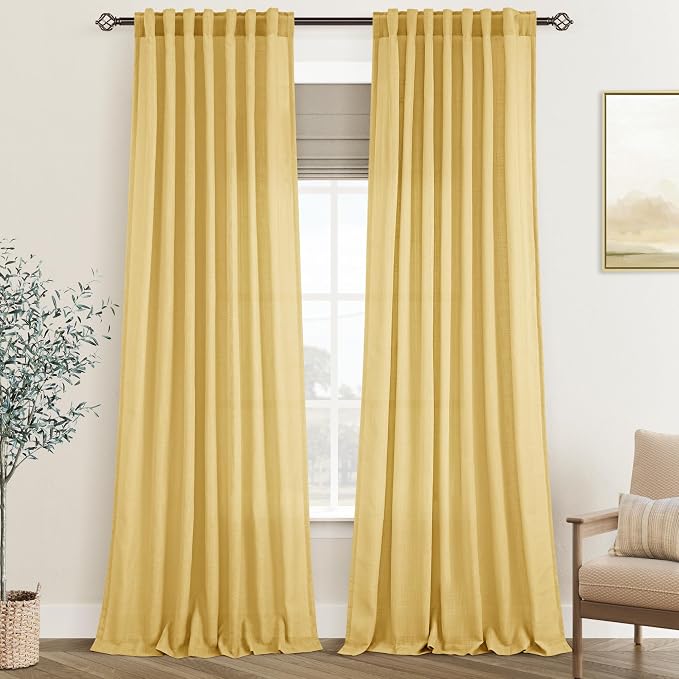 Gold Curtains for Living Room Back Tab Modern Farmhouse Semi Sheer Curtains 84 inches Long 2 Panels Set Muted Neutral Window Curtain for Dining Room Bedroom 52x84