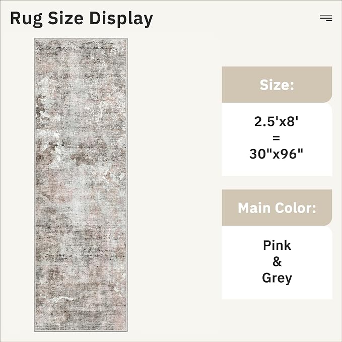 Soalmost Washable Runner Rug, 2'6" x 8' Non-Slip Kitchen Vintage Foldable 2.5x8ft Hallway Runners for Entryway, Laundry, Bedroom, Pink/Grey