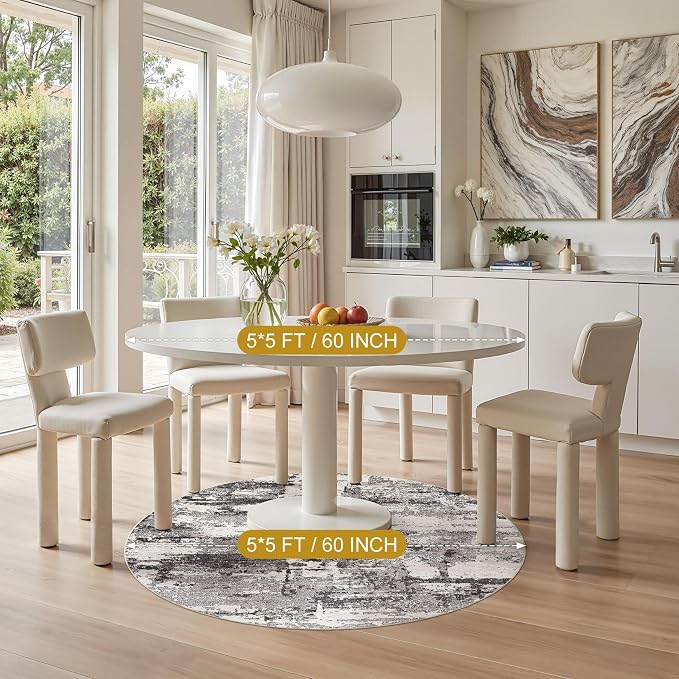 5ft Round Area Rugs for Living Room: 5x5 Abstract Washable Rug Modern Large Soft Stain Resistant Non-Slip Backing Machine Table for Bedroom Dining Room Indoor Home Office Carpet - Black Grey