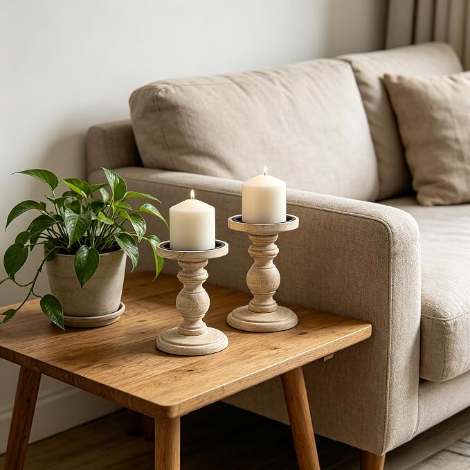Hosley Antique White Wooden Pillar Candle Holder 7 Inch High - Rustic Country Farmhouse Decor, Wedding Centerpiece, Home Accent Gift