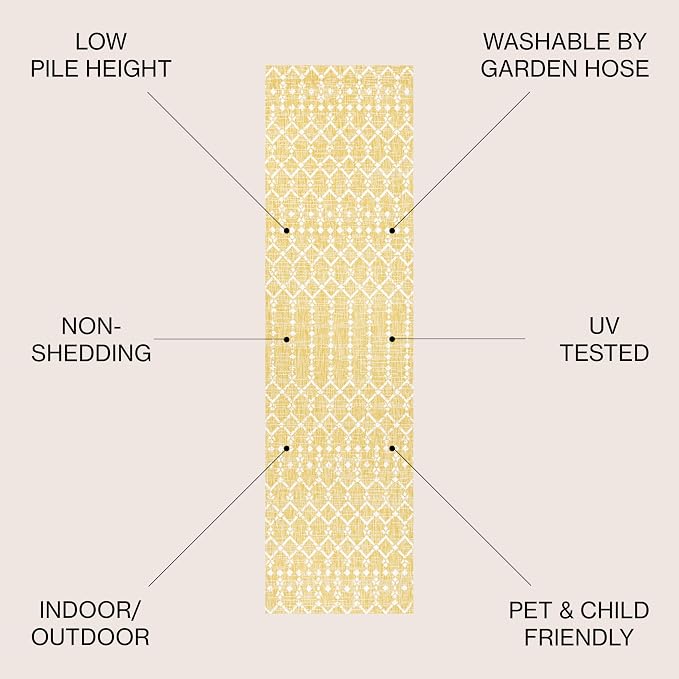 JONATHAN Y Moroccan Geometric Indoor Outdoor Runner Rug 2X10 Yellow/Cream, Ourika Textured Weave for Backyard, Patio, Porch, Easy-Cleaning, High Traffic, Pet-Friendly, Non-Shedding (SMB108G-210)