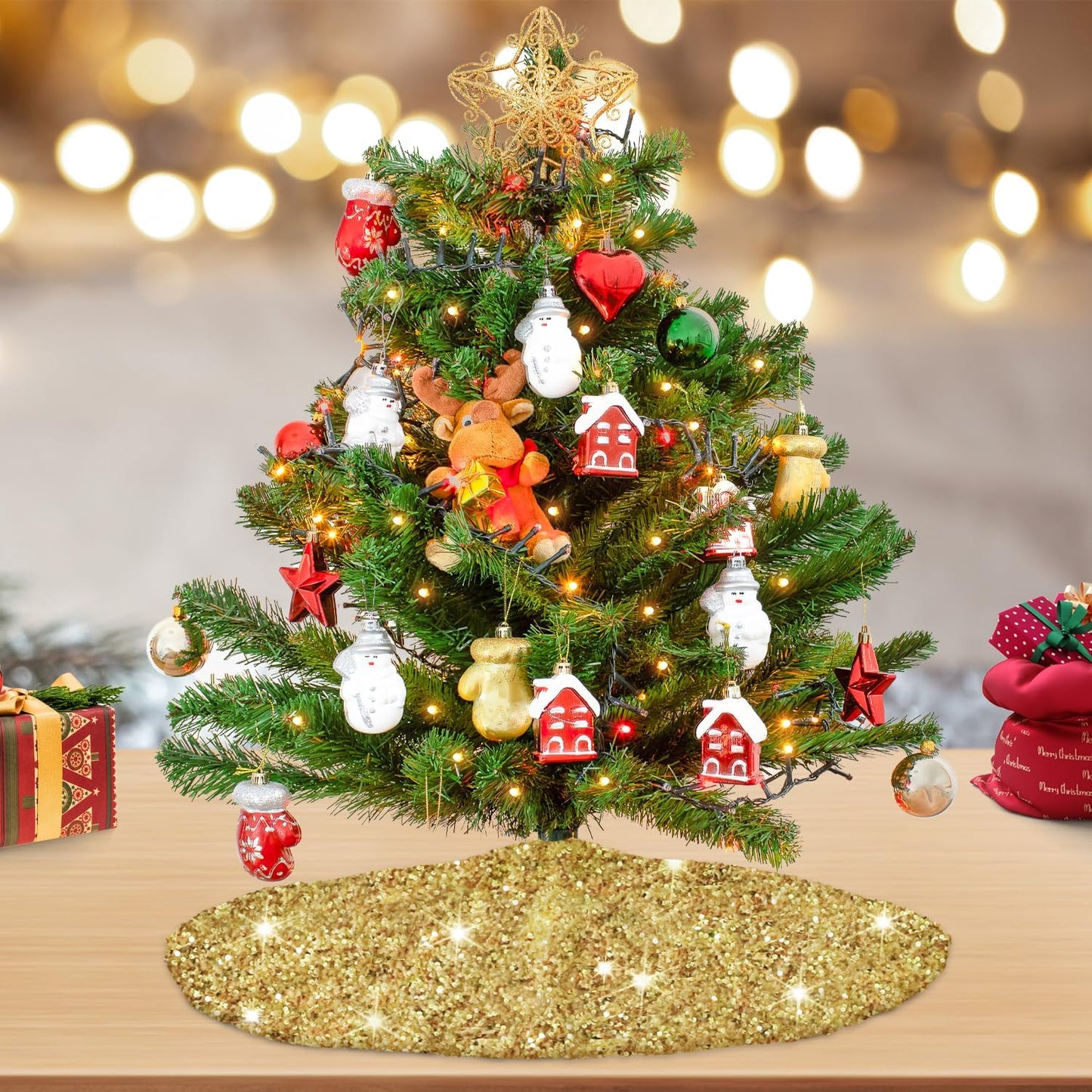 Gold Christmas Tree Skirts 21 Inches Metallic Tree Cover Skirt Personalized Christmas Tree Mat Ornament Rustic Round Small Xmas Tree Skirts for Holiday Festival Home Christmas Indoor Decoration