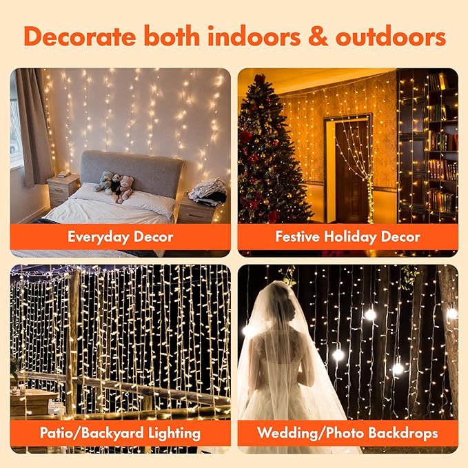 Twinkle Star 300 LED Curtain String Lights, Warm White | 8 Modes, Plug In, For Bedroom Wedding Party Birthday, Indoor Outdoor Wall Window Backdrop