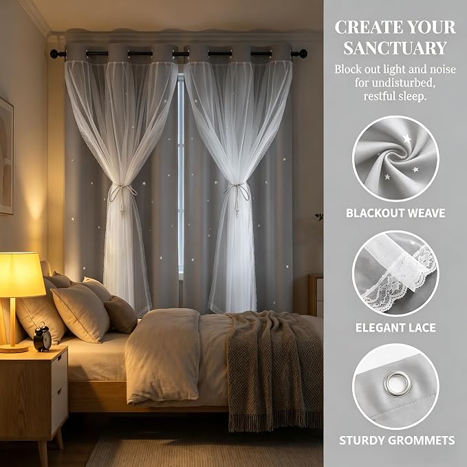 Kids Blackout Curtains for Bedroom/Living Room/Classroom, Sheer Overlay 2 Panel Set, Double Layer Curtains with Star Cutout for Kids Room(Each Piece W 70 x L 84 Inches 2 Pcs Silver Grey)