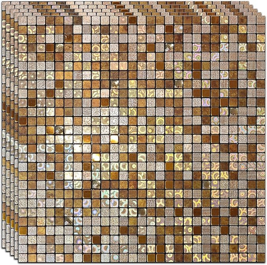 10 Sheets Peel and Stick Backsplash, Waterproof Mosaic Tile Self-Adhesive - Easy Cut to Size for Kitchen, Bathroom, Fireplace DIY Installation (10, Bright+Bronze Mixed)