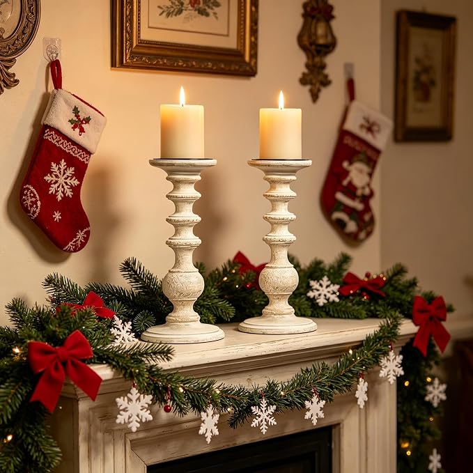 Hosley Set of 2 White Wooden Pillar Candle Holder 11 Inch High Country Style Ideal for Weddings or Parties as Well as Home Decor