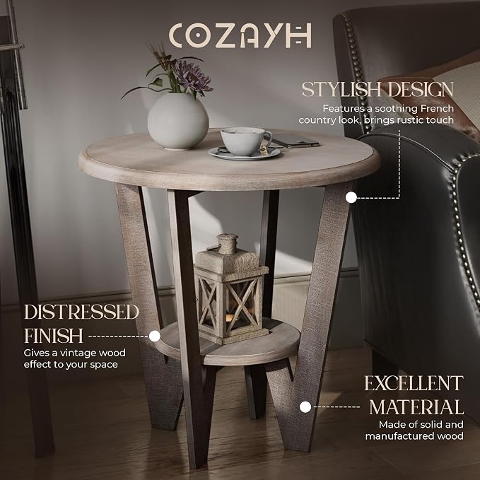 Set of 2 Rustic Farmhouse end Table with Storage Shelf, French Country Accent Side Table for Family, Dinning or Living Room, Small Spaces, Modern, Round, Vintage Grey Finish