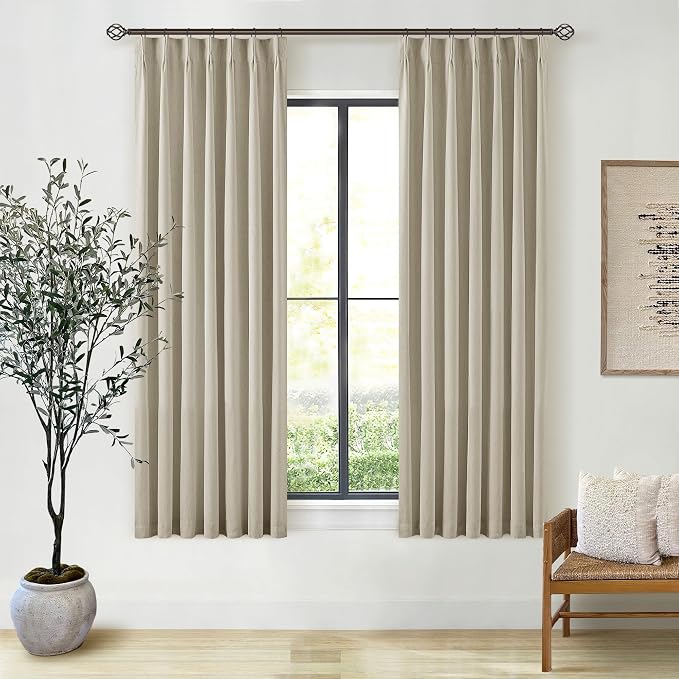 Greyish Beige Black Out Curtains 63 Inch Long for Bedroom Pinch Pleated with Rings Hooks Back Tab Thermal Insulated Short Linen Blackout Drapes Farmhouse Living Room Darkening Kitchen Curtains