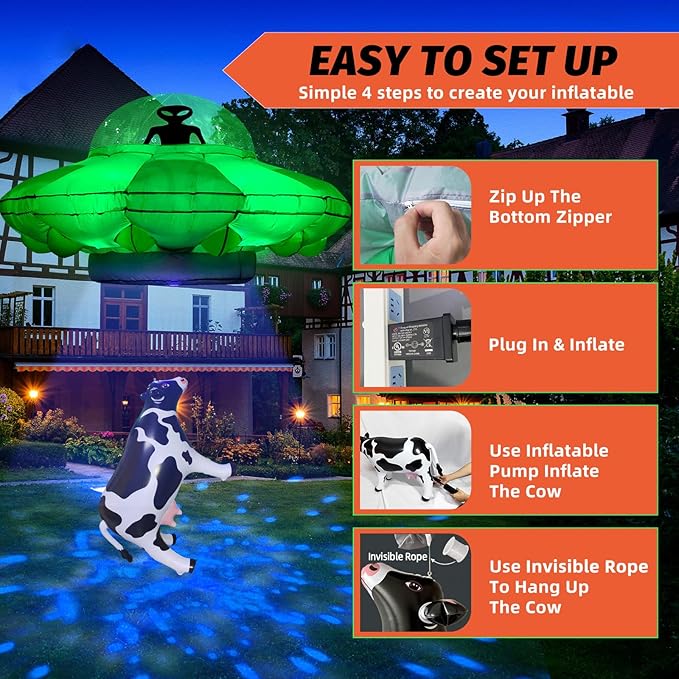 Alien Party Decorations 4.2FT Hanging UFO Cow Abduction Inflatable Alien Inflatable UFO Halloween Blow Up Built-in Green LED Blue&White Flashing Light with Cow Outdoor Indoor Home Garden Lawn Decor