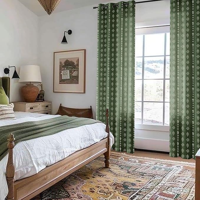 Dark Olive Green Linen Curtains 96 Inches Long 2 Panel Set, Floor to Ceiling Boho Striped Light Filtering Semi Sheer Drapes for Bedroom Living Room