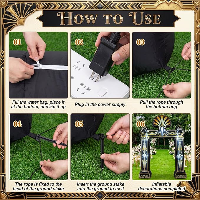 Seenelling 9 FT Roaring 20s Theme Giant Inflatable Archway Decoration Great Black Gold Geometric Arch Built-in LED Lights for 1920s Party Speakeasy Roaring Music Theme Party Supplies