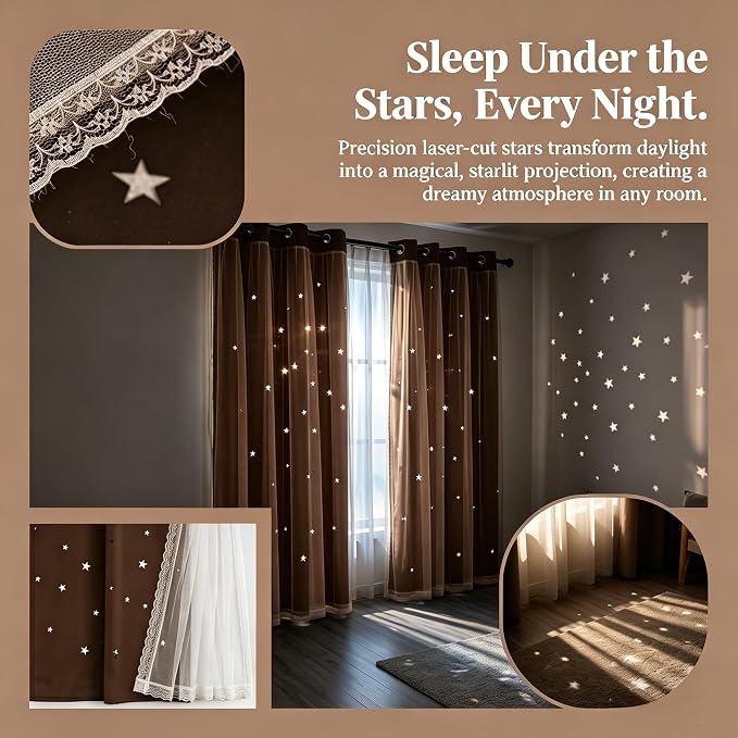 Star Cutout Blackout Curtains Double Layer Curtains with Durable Sheer Curtains for Bedroom Thermal Insulated Window Treatment Set with 2 Free Tiebacks (52W x 63L 2 Panels Chocolate)