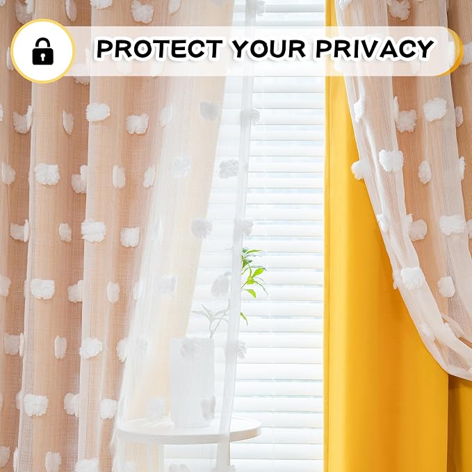 MYSKY HOME Extra Long Double Layer Curtains for Bedroom Princess Curtains for Daughter Room 95 Inches Long Pom Pom Sheer Curtains with Grommet Yellow Blackout Curtains for Living Room 52 x 95 Inch