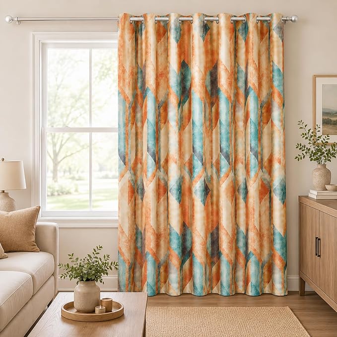 Leeva 50% Room Darkening Curtain, Extra Wide Orange Drape for Living Room 84 Inch Wide 1 Piece, Linen Textured Geometric Window Curtain for Home Office with Grommet