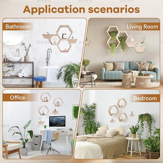 Wooden Hexagon Floating Shelves Set of 5 wall Mounted Honeycomb Shelf octogone shelve Geometric Shaped Organizer for Living Room Bathroom Bedroom Guest Room Decor Accessories nartural