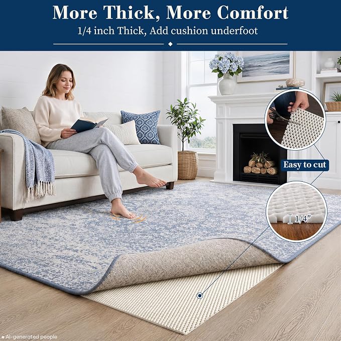 Veken Non Slip Rug Pad Gripper 8 x 10 Feet, 1/4 inch Thick Cushioned Pads for Any Hard Surface Floors, Keep Your Rugs Safe and in Place, Under Carpet Mat, with Over 99 Pieces Anti-Slip Square Pattern